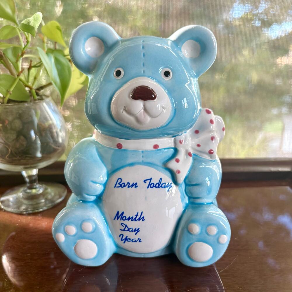 Vintage Blue Teddy Bear Piggy Bank Born Today Baby Keepsake Taiwan